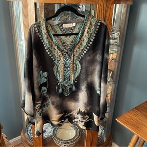 Belle by Kim Gravel Black with Teal and Gold Embellishment Poncho Top Large